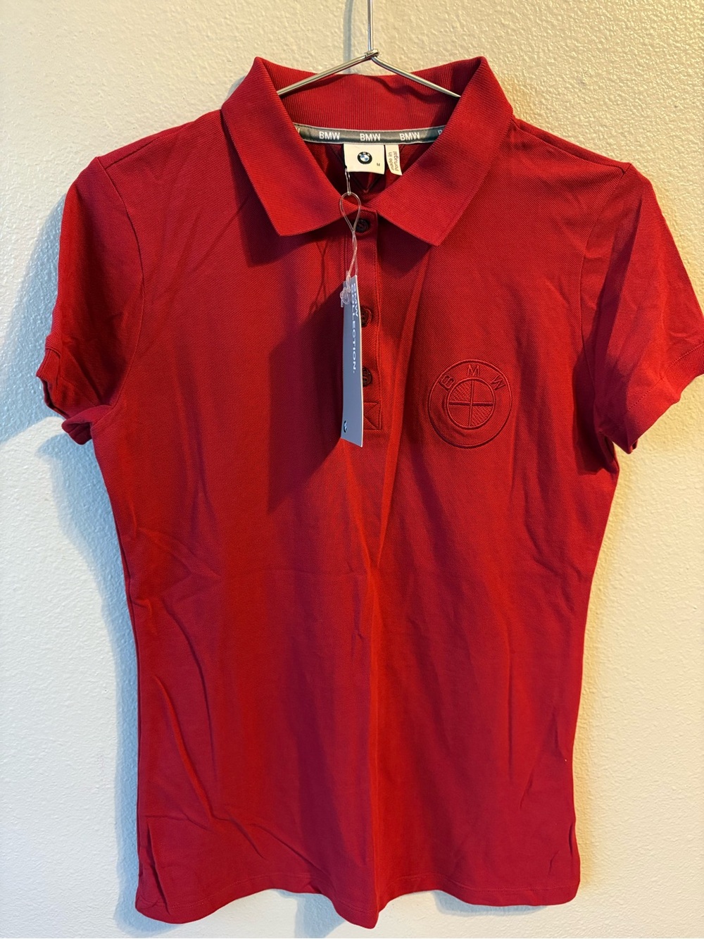 BMW Women's Red Short-Sleeve Polo with Subtle Logo